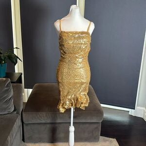 Women’s Gold Sequined Short Homecoming Dress Ruffle Hem Corset Back Size 2 NEW